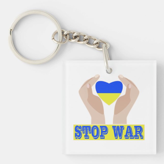 Stop war Ukrainian flag heart in hands  Key Ring (Front)