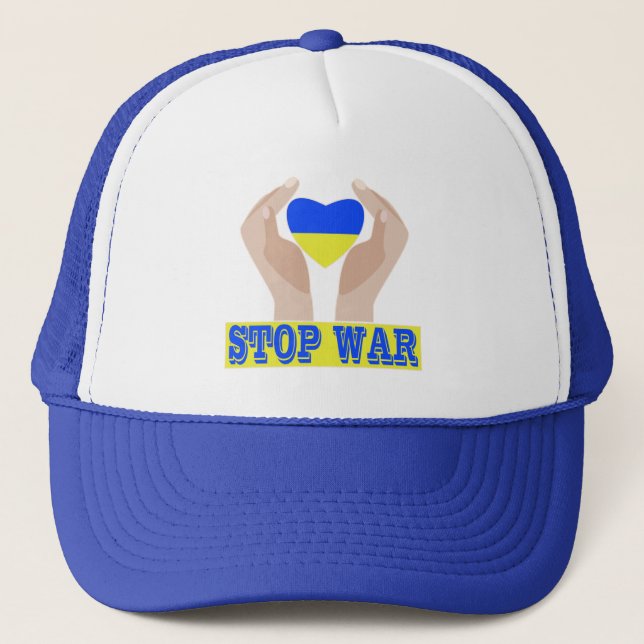 Stop war Ukrainian flag heart in hands   Trucker Hat (Front)