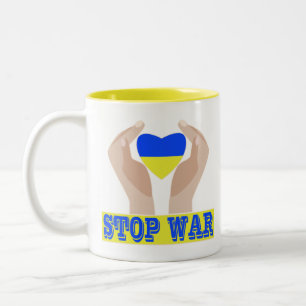Stop war Ukrainian flag heart in hands  Two-Tone Coffee Mug