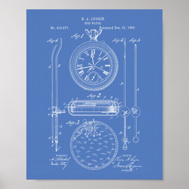 Stop Watch 1889 Patent Art Blueprint Poster (Front)