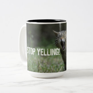 "STOP YELLING" this mug states it all.