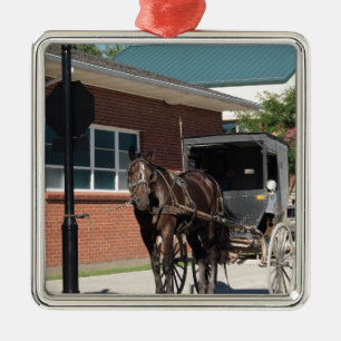 Stopped for a Spell, An Amiish Horse at stop sign Metal Ornament