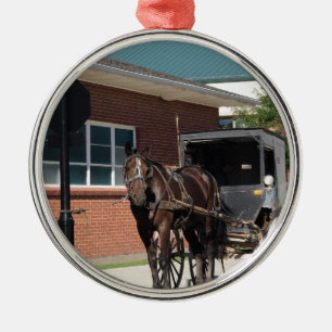 Stopped for a Spell, An Amiish Horse at stop sign Metal Ornament
