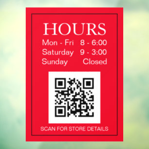 Store Hours Open Sign, QR Code, White Text on Red