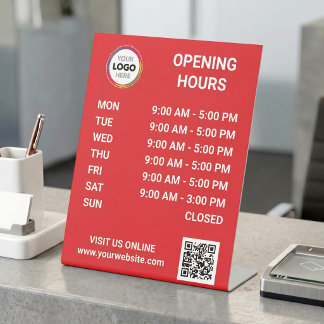 Store Opening Hours With Logo + QR Code - Red Pedestal Sign