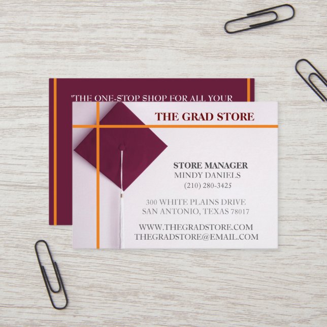 Store Retailer Orange & Wine Colour Graduation Cap Business Card (Front/Back In Situ)