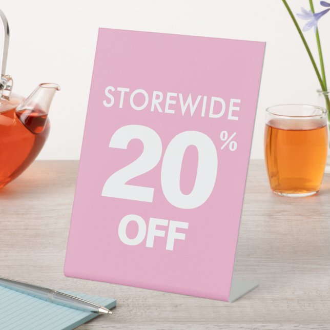 Storewide Sale Sign, 20% Off Tabletop Sign, Pink Pedestal Sign (In SItu)
