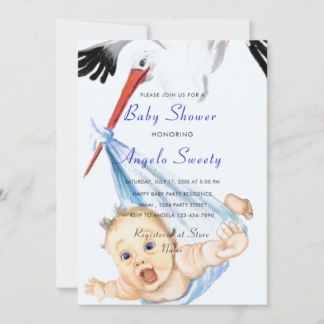 Stork and Baby Boy Shower Invitation Example (Front)