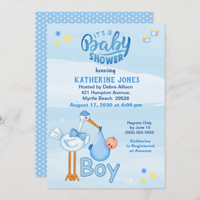 Stork and Baby  Boy Shower Invitations (Front/Back)