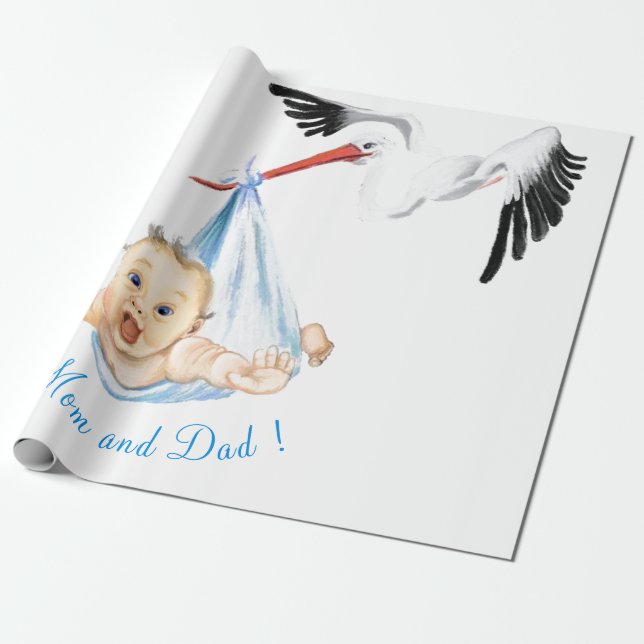 Stork and Baby Funny Baby Shower Wrapping Paper (Unrolled)