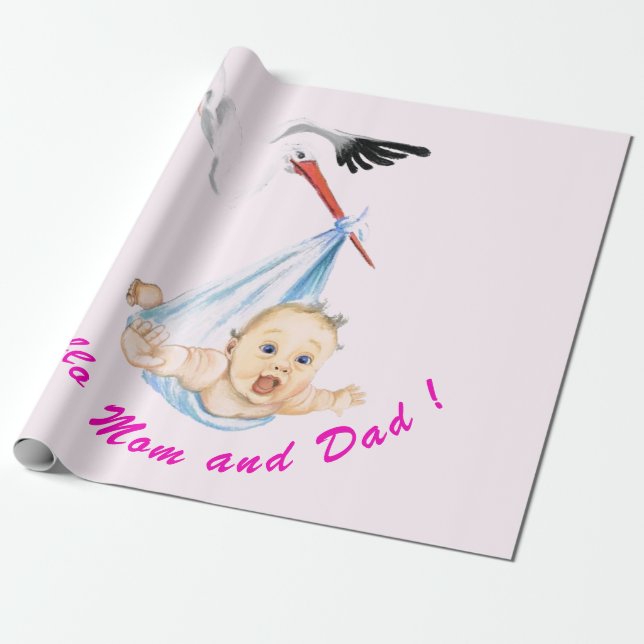 Stork and Baby Funny Wrapping Paper - Custom Text (Unrolled)
