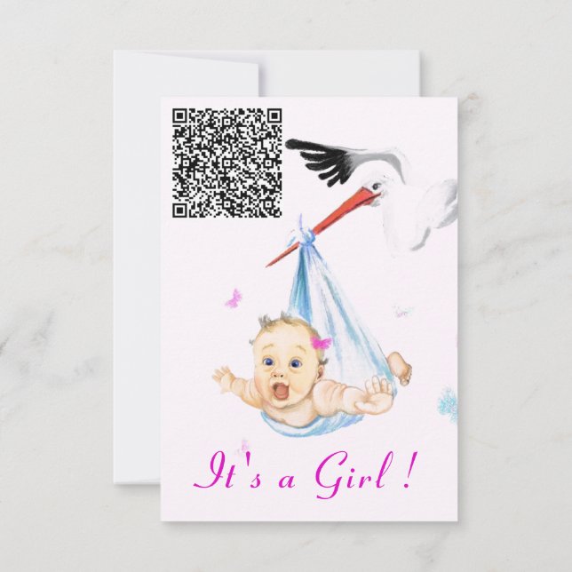 Stork and Baby Girl Shower Invitation with QR Code (Back)