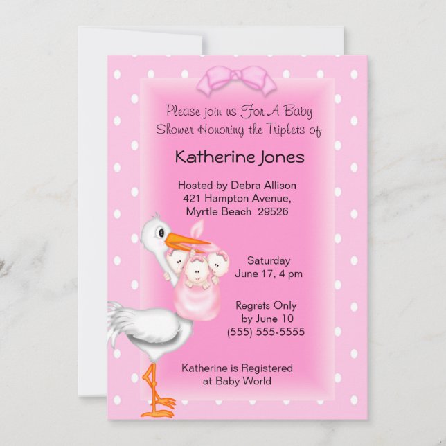 Stork and Triplet Girls Shower Invitations (Front)