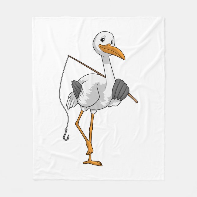 Stork as Fisher with Fishing rod Fleece Blanket (Front)