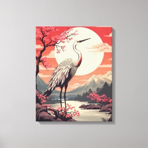 Stork at sunrise by the Lake and Sakura trees Canvas Print