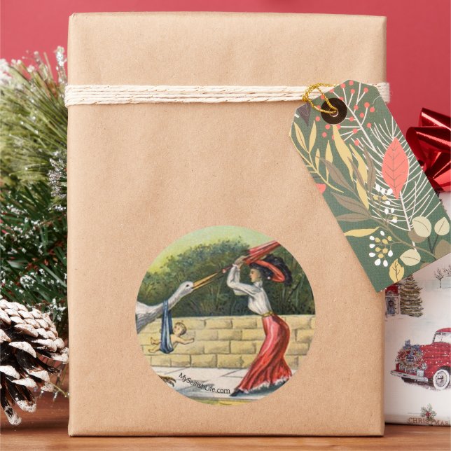 "Stork Attack" Round Sticker (childfree) (Holiday)