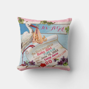 STORK,BABY AND SHAMROCKS Floral Girl Baby Stats Cushion