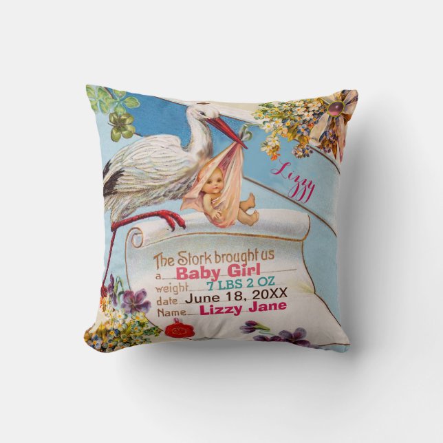 STORK,BABY AND SHAMROCKS Floral Girl Baby Stats Cushion (Front)