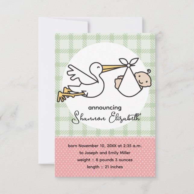 Stork Baby Birth Announcements (Pink) (Front)