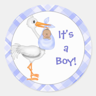 Stork & Baby Boy (dark skin) Baby Announcement Classic Round Sticker