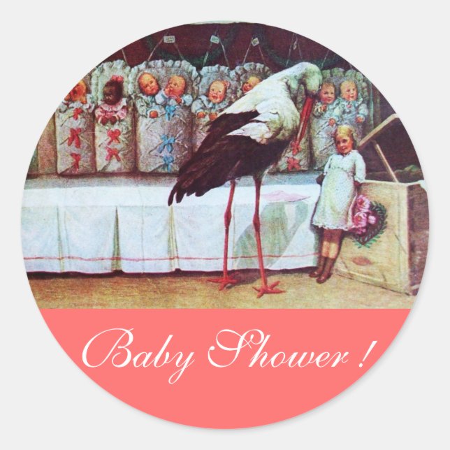 STORK BABY BOY SHOWER 3 pink Classic Round Sticker (Front)