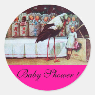 STORK BABY BOY SHOWER 3 pink fuchsia Classic Round Sticker