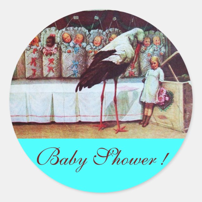 STORK BABY BOY SHOWER 3 turquase Classic Round Sticker (Front)