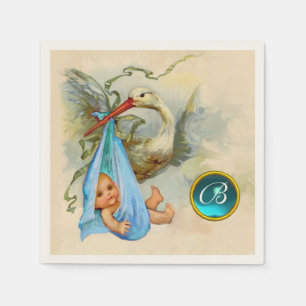 STORK BABY BOY SHOWER BLUE GEM STONE MONOGRAM NAPKIN