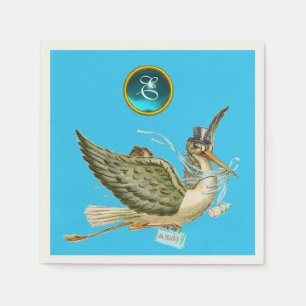 STORK BABY BOY SHOWER BLUE GEM STONE MONOGRAM NAPKIN