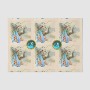 STORK BABY BOY SHOWER BLUE GEM STONE MONOGRAM TISSUE PAPER