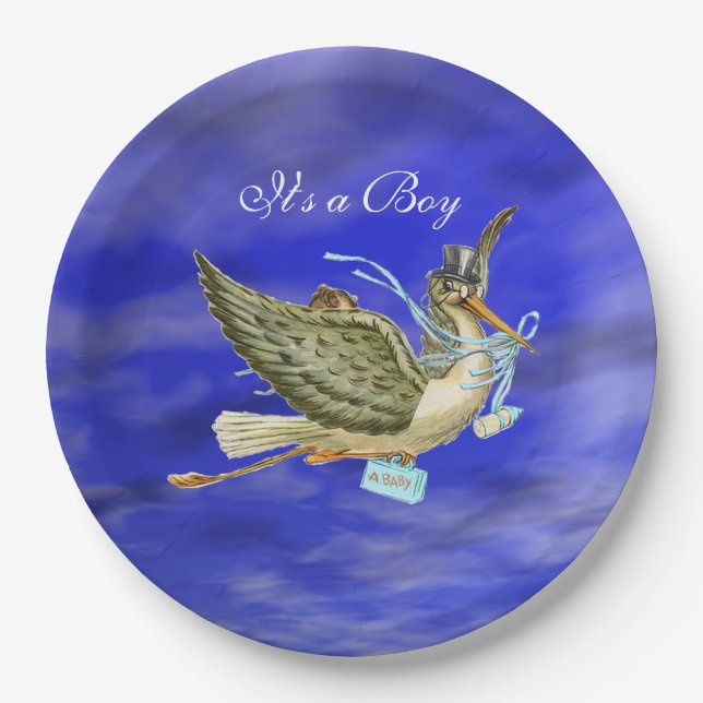 STORK BABY BOY SHOWER Blue Sky Paper Plate (Front)