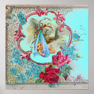 STORK BABY BOY SHOWER blue turquase Poster