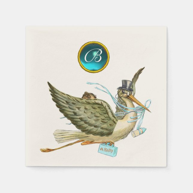 STORK BABY BOY SHOWER BLUR GEM STONE MONOGRAM NAPKIN (Front)