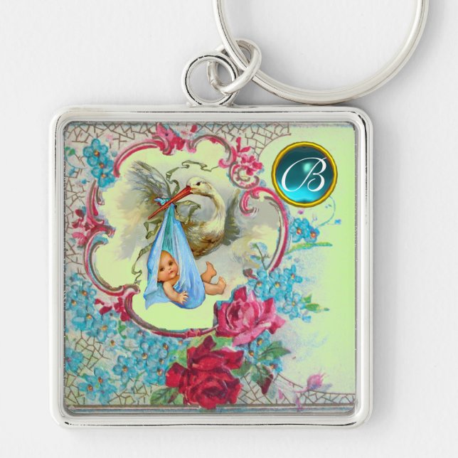 STORK BABY BOY SHOWER GEM MONOGRAM KEY RING (Front)