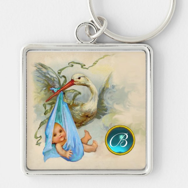 STORK BABY BOY SHOWER GEM MONOGRAM KEY RING (Front)