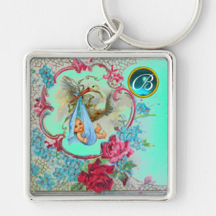STORK BABY BOY SHOWER GEM MONOGRAM KEY RING