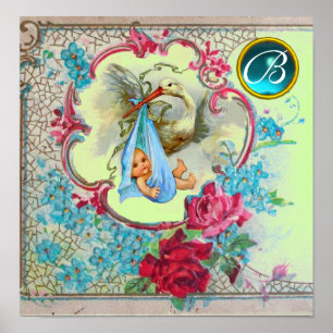 STORK BABY BOY SHOWER Gem Stone Monogram Green Poster