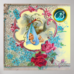 STORK BABY BOY SHOWER  Gem Stone Monogram Yellow Poster