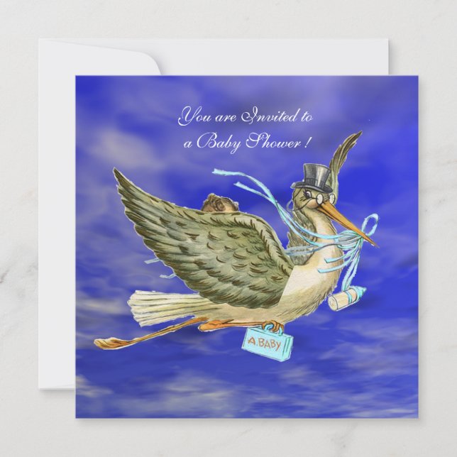 STORK BABY BOY SHOWER Gold Metallic Invitation (Front)