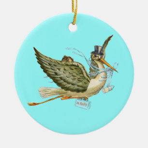 STORK BABY BOY SHOWER MONOGRAM Blue Aquamarine Ceramic Ornament