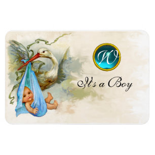 STORK BABY BOY SHOWER MONOGRAM,white Magnet