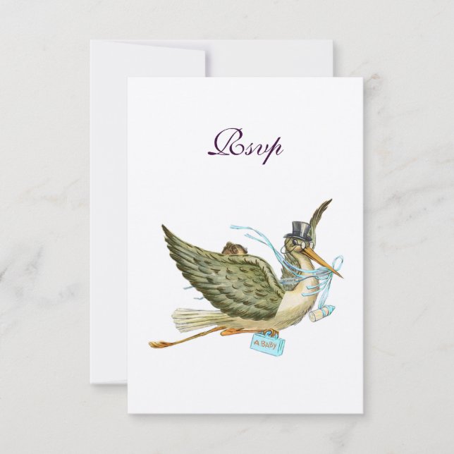 STORK BABY BOY SHOWER ,RSVP, Champagne Metallic RSVP Card (Front)