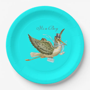 STORK BABY BOY SHOWER Turquoise Blue Paper Plate