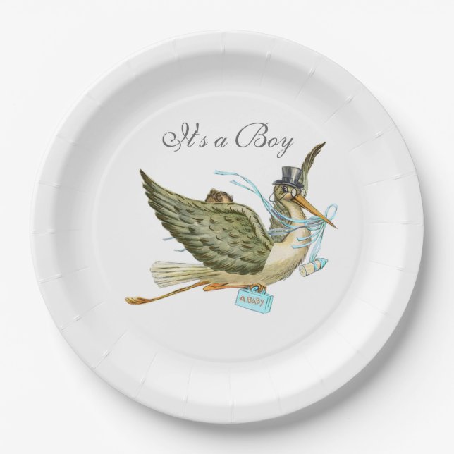 STORK BABY BOY SHOWER White Paper Plate (Front)