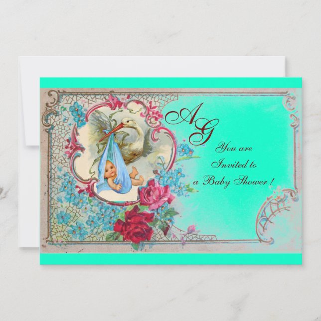 STORK BABY BOY SHOWER WITH ROSES AND BLUE FLOWERS INVITATION (Front)