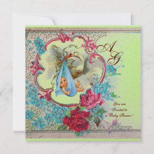 STORK BABY BOY SHOWER WITH ROSES AND BLUE FLOWERS INVITATION