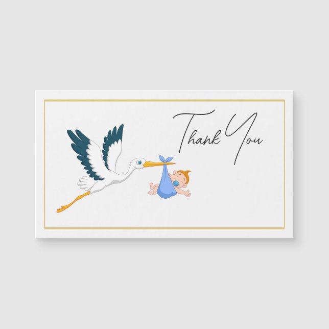 Stork Baby Boy with Elegant Script Thank you (Front)