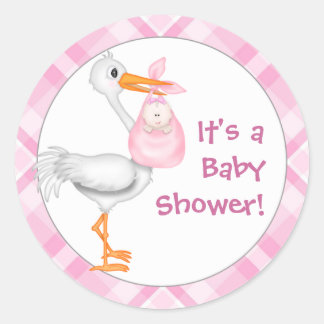 Stork & Baby Girl Baby Shower Classic Round Sticker