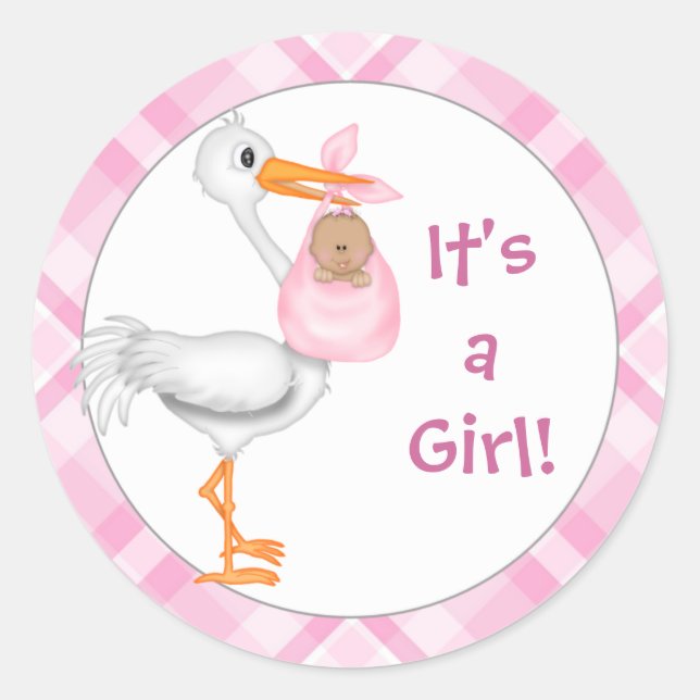Stork & Baby Girl (darker skin) Baby Announcement Classic Round Sticker (Front)