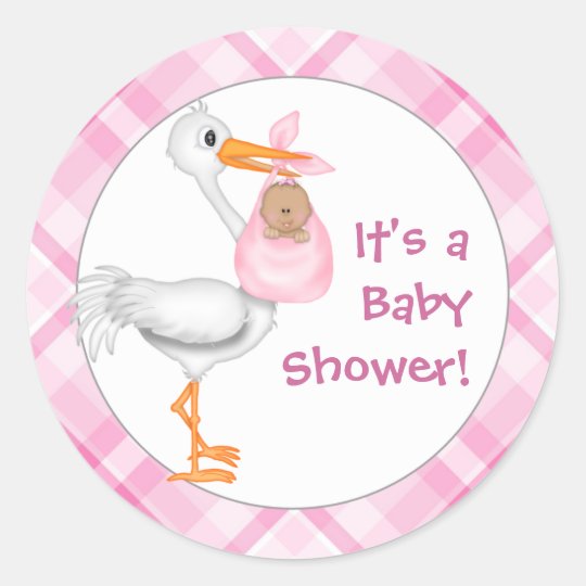 Stork Baby Girl Darker Skin Baby Shower Classic Round Sticker